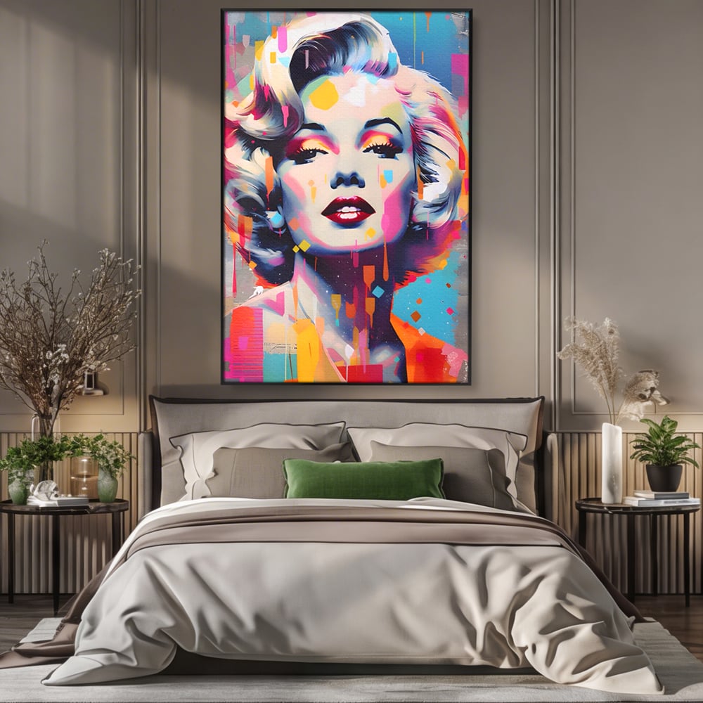 Tablou canvas cu tablou canvas portret pop art marilyn monroe, in rama de aluminiu negru, pe perete intr-un dormitor